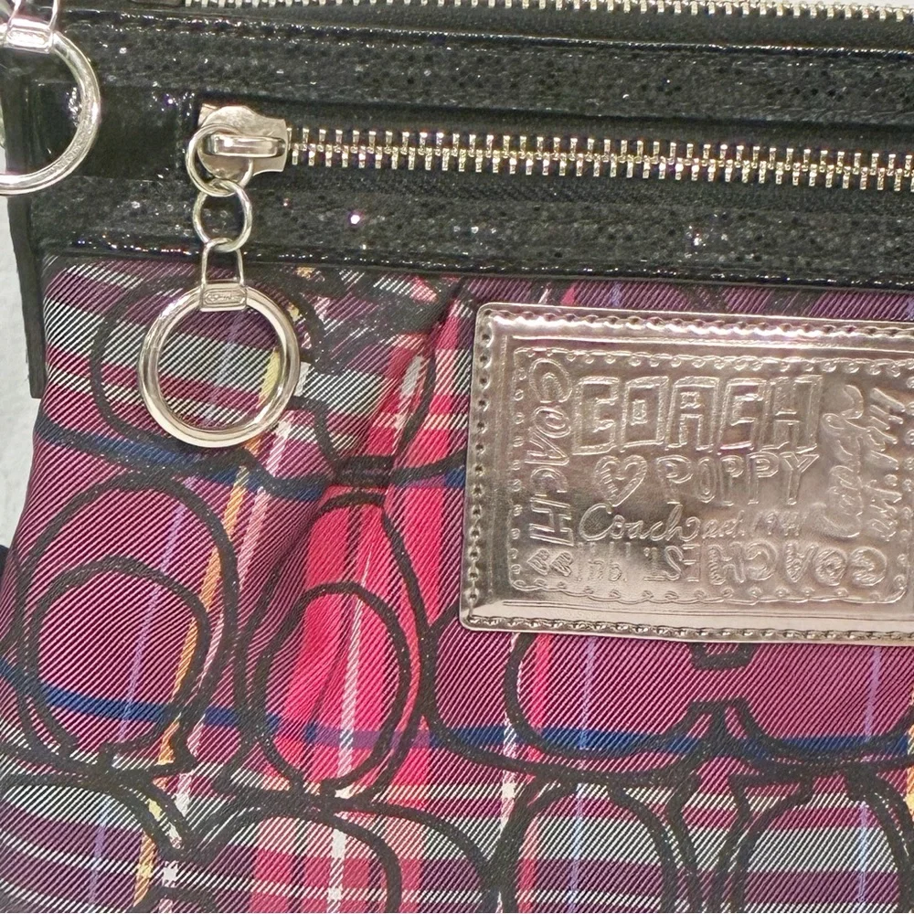 Coach Poppy Plaid Logo Black Glitter Purple Pink Tartan Plaid Crossbody Bag